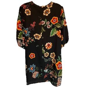 Johnny Was Zorya 100% Silk Black Floral Bohemian Mini Dress, Size Medium